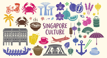 Singapore culture doodle set. Merlion, supertrees, chili crab and dragon boat. Colorful hand drawn sketch icons. Vector isolated illustration collection. © ARTIST LAB