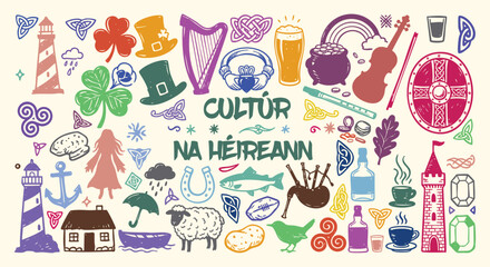 Naklejka premium Ireland culture doodle set. Shamrock, harp, lighthouse and celtic knot icons. Colorful hand drawn sketch style. Vector isolated illustration collection.