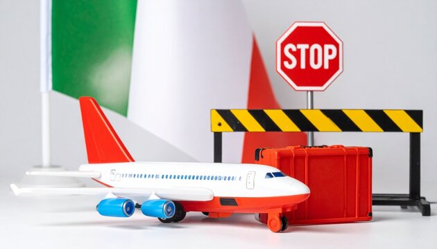 Toy airplane stopped at miniature checkpoint with red stop sign, colorful striped backdrop, playful representation of border control, travel restrictions, and transportation themes in symbolic design.