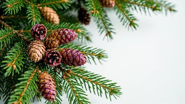 Christmas fir branches with pinecones on white background