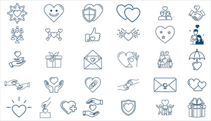 Fototapeta premium Set of wedding icons with hearts including rings gifts music and love symbols in simple vector style