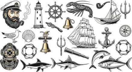 Vintage nautical elements collection, sailor captain lighthouse ship anchor marine icons set, ocean navigation objects vector illustration, maritime adventure design bundle © Ideasy Mind