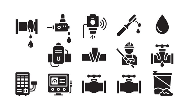 Black icons depicting various plumbing and water management tools