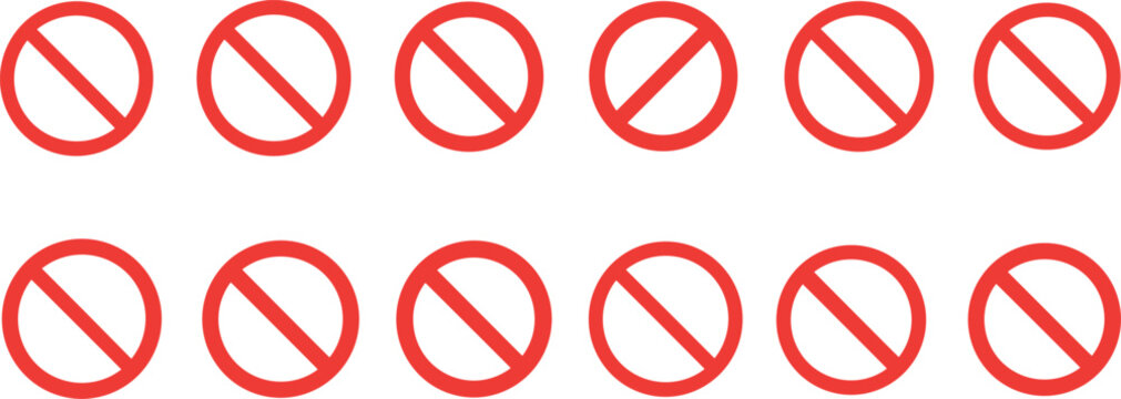 Prohibited sign icon set with red circle and diagonal slash symbols, stop and restriction warning collection, ban and forbidden symbols vector illustration