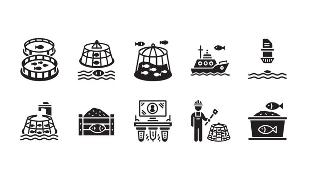 Aquaculture industry icons for fish farming and seafood production