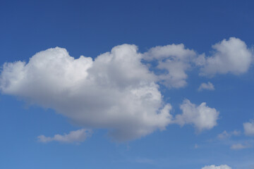 Cloudscape with white fluffy clouds in sunset sky