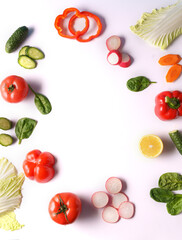 Flat lay vegetables on white background, copy space. Food concept.