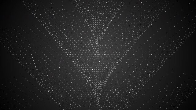 Deep Space Gradient Background with Rotating Inverted Cone Particle Structure. The glowing points outline a geometric funnel shape expanding outward while maintaining a symmetrical axis.