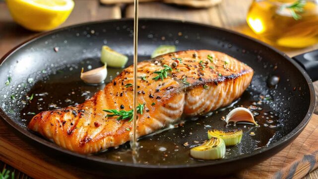 Golden salmon sizzles in black skillet. Fresh herbs and garlic add aromatic touch. Citrus slices hint at zesty finishing. Pan's heat creates inviting steam. Simple, rustic style appeals to home cooks
