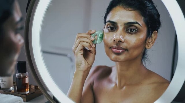 A woman applies a jade roller to her face in a bright bathroom. She enjoys her skincare routine, surrounded by beauty products and a gentle light.