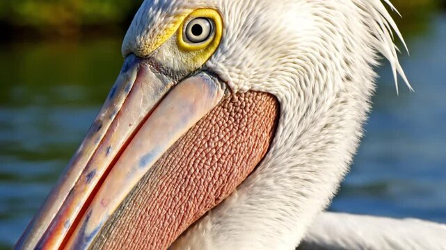 Close-up of white pelican head by water
