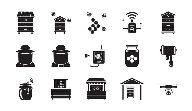 Beekeeping icons for modern apiculture and honey production