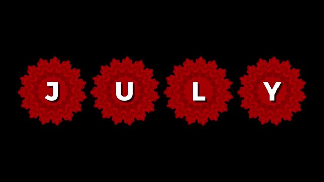 Elegant July Typography Reveal with White Letters and Golden Glitter Sparkle Animation, Luxury Shimmer Text Intro Opening One by One on Red Flowers, Premium Celebration Promo Motion Graphics 4K