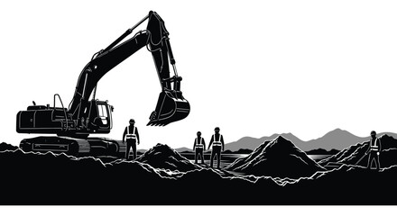 A black and white illustration depicts an excavator and construction workers at a dig site © arfanah02