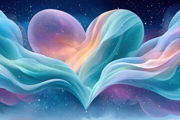 Fototapeta premium Abstract blue heart energy field with flowing ribbons and starry night backdrop