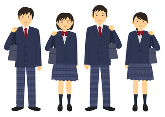 制服を着て鞄を持つ学生のイラストのセット_紺