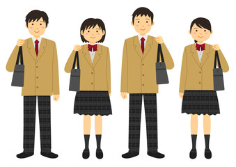 制服を着て鞄を持つ学生のイラストのセット_ベージュ