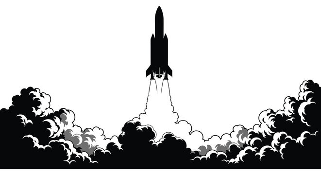 A black silhouette of a rocket launching with fiery exhaust against a cloudy background high quality