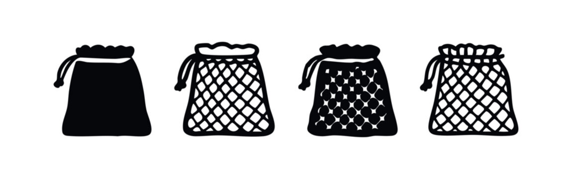 Mesh laundry bag icons set. Net bag, washing clothes, delicates, garment protection. Vector illustration.