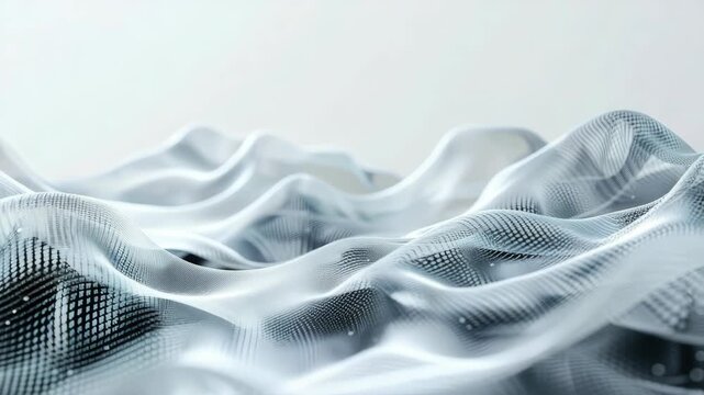 Silky silver waves ripple gently across the frame. Dense grid patterns reflect soft light subtly. Smooth curves undulate with fluid motion. Minimalist background enhances the metallic texture