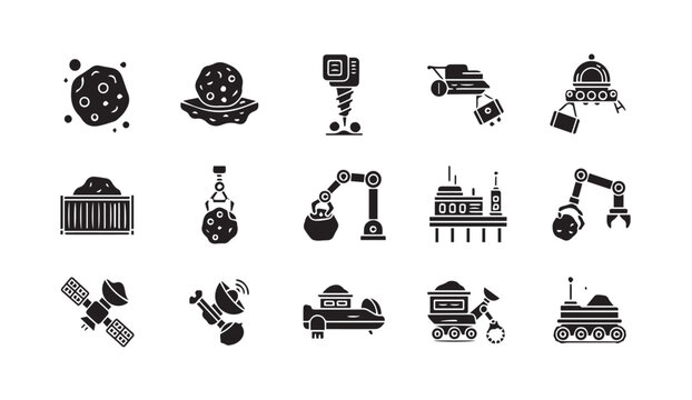 Asteroid mining icons set for space industry