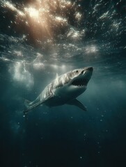 Fototapeta premium A powerful great white shark gracefully swims in a clear ocean, sunlight filtering from above. The mood is one of awe and wonder, showcasing