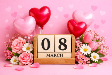 Obraz premium Calendar showing 8 March with flowers and heart balloons on pink background, celebration decoration. spring holiday, love theme, floral decor, International Womens Day.