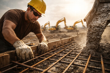 Construction worker meticulously levels rebar with a backdrop of heavy machinery and concrete pouring.