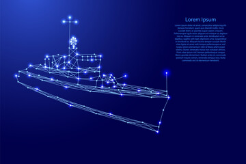 warship destroyer from futuristic polygonal blue lines and glowing stars for banner, poster, greeting card © elenvd