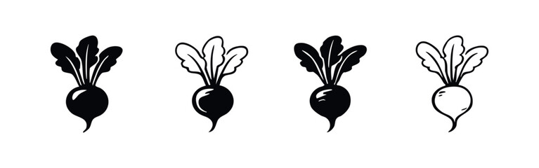 Fototapeta premium Beetroot icon set. Hand-drawn stylized silhouettes of fresh beets with leaves for root vegetable designs.