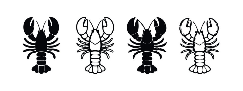 Set of various stylized lobster illustrations, black and white doodle icons for seafood, luxury, and marine life