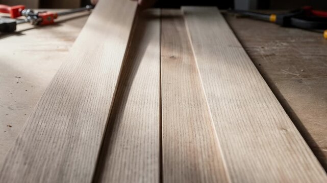 Medium shot showing slipmatched veneer strips joined side by side highlighting the linear repetitive wood grain pattern in the assembly stage.