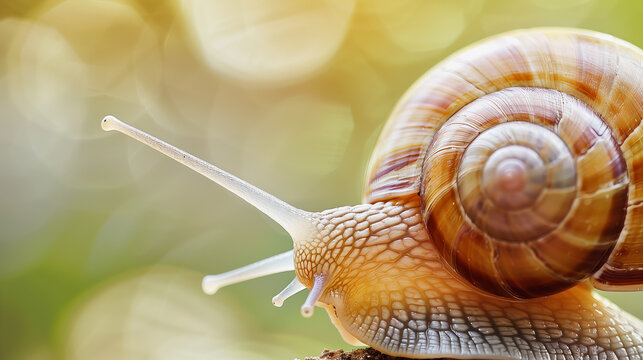 Macro snail with spiral shell crawling on stone nature wildlife close up