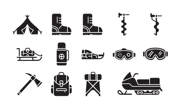 Winter camping and snowmobiling icons for adventure and outdoor activities