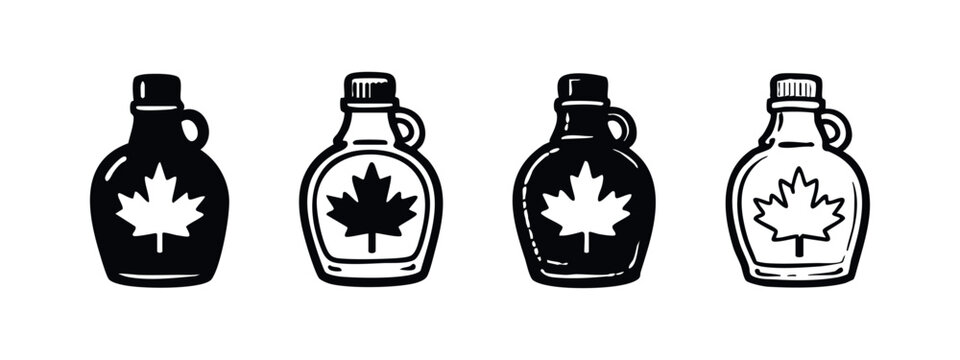 Maple syrup bottle icon set with a maple leaf, perfect for breakfast and Canadian-themed designs.