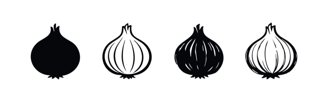Set of black and white onion bulb icons in various styles