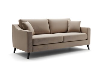 Modern beige upholstered twoseater sofa with accent pillows on dark legs isolated