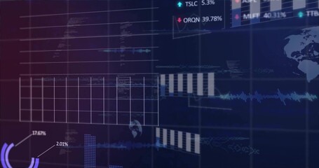 Displaying digital dashboard showing layered panels on monitor, with grid chart and waveform
