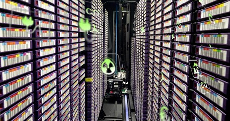 Moving robotic tape picker traversing narrow archive aisle, accessing cartridge racks with AR icons