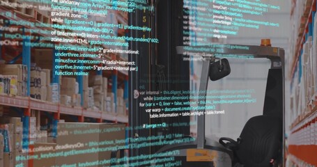 Sitting warehouse forklift cab occupying aisle, showing amber beacon, racks and code overlay © vectorfusionart