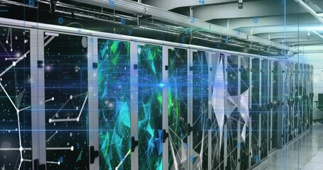 Displaying glass-fronted server racks showing LED indicators and blue overlays in server room aisle