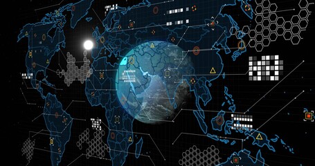 Fototapeta premium Displaying central Earth globe projecting analytic overlays in virtual HUD, showing hex clusters