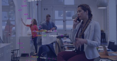 Talking woman in blazer scarf sitting on desk in office using smartphone code overlay, copy space