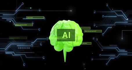 Floating neon-green brain at center of digital circuits showing AI overlay and prompt boxes