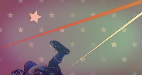Naklejka premium Falling helmeted player at poster with stars and streaks, clutching football and cleats, copy space