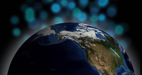 Fototapeta premium Showing Planet Earth rotating in orbit, revealing North America with cyan streak over United States