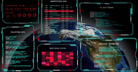 Fototapeta premium Displaying central Earth globe showing North America in orbit, overlaying HUD panels and heatmap