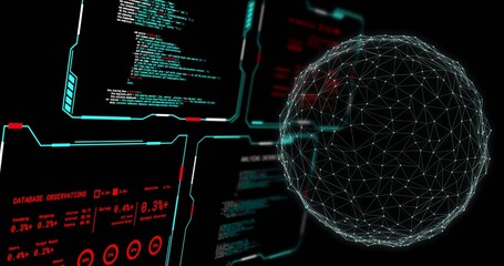 Fototapeta premium Rendering 3D wireframe sphere on right in virtual control space, with cyan HUD metrics, copy space