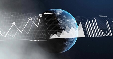 Fototapeta premium Displaying stylized Earth graphic floating in space, with gridded panels and line-area-bar charts