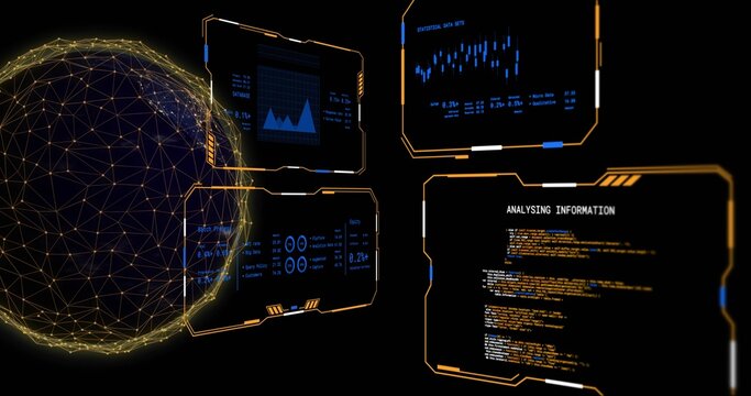 Showing geodesic hologram sphere glowing left in void; HUD charts code ANALYSING, copy space